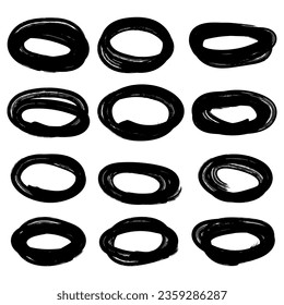 Vector abstract hand drawn marker ellipses. Hand drawn abstract grunge frames elements. Scribble set. Doodle sketched highlight circles or rings. Black marker drawing on isolated white background.