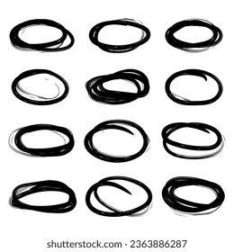 Vector abstract hand drawn marker ellipses. Hand drawn abstract grunge frames elements. Scribble set. Doodle sketched highlight circles or rings. Black marker drawing on isolated white background.