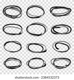 puntos elípticos dibujados a mano por vectores abstractos. Elementos dibujados a mano de marcos de fondo abstracto. Juego de grietas. El dibujo de Doodle dibujó círculos de resaltado o anillos. Dibujo de marcadores negros.