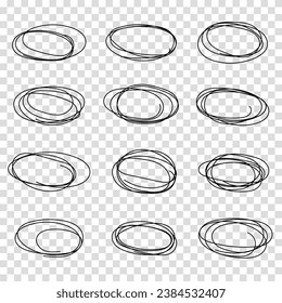 Vector abstract hand drawn marker ellipses. Hand drawn abstract grunge frames elements. Scribble set. Doodle sketched highlight circles or rings. Black marker drawing.