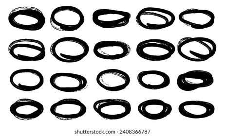 Vector abstract hand drawn marker ellipses. Hand drawn abstract grunge frames elements. Scribble set. Doodle sketched highlight circles or rings. Black marker drawing on isolated white background.
