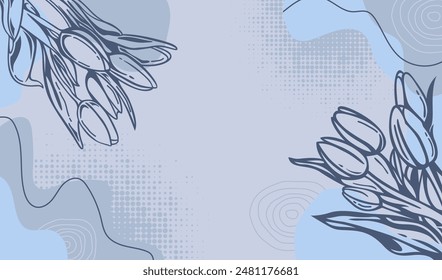 Vector abstract hand drawn minimalist background. Tulips flowers and leafs on the abstract purple background with waves elements. line and dot circle halftone pattern. 