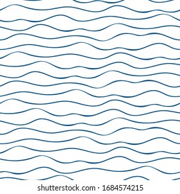 Vector abstract hand drawn navy blue doodle ocean waves. Seamless geometric pattern on white background. Abstract linear backdrop. Great for marine, nautical themed products, seaside vacation concept.