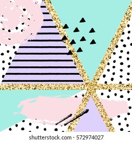 Vector abstract hand drawn pattern with geometric and brush painted elements. Textured background with gold glitter and pastel colors. Poster, card, textile, wallpaper template.