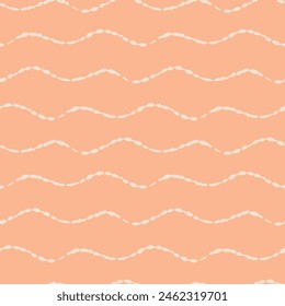 Vector abstract hand drawn peach fuzz color doodle waves. Seamless geometric pattern on peach pink background. Abstract linear backdrop. Great for tropical, abstract ocean products.