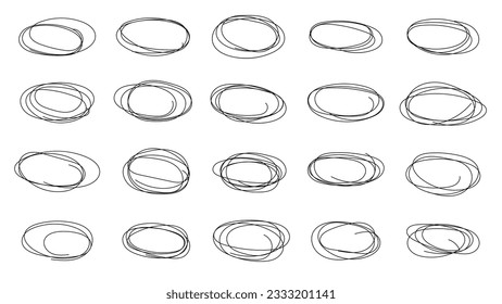 Vector abstract hand drawn pencil set scribble ellipses and ovals on white background. Abstract grunge frames and borders elements. Doodle sketched highlight circles or rings. Pen hand drawing.