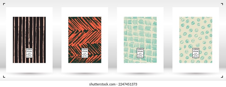 Vector Abstract Hand Drawn Scribble Cover Set. Minimal Artistic Sketch Poster. Collection of Simple Graphic Doodle Designs for Flyers, Cards, Brochure, Annual Report and other Ideas for Business.