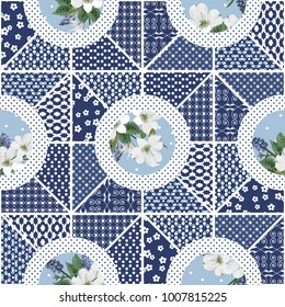 Vector abstract hand drawn seamless patchwork pattern with floral ornaments, stylized flowers, dots, plants and lace. Patchwork sewing