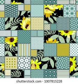 Vector abstract hand drawn seamless patchwork pattern with floral ornaments, stylized flowers, dots, plants and lace. Patchwork sewing