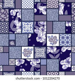 Vector abstract hand drawn seamless patchwork pattern with floral ornaments, stylized flowers, dots, plants and lace. Patchwork sewing