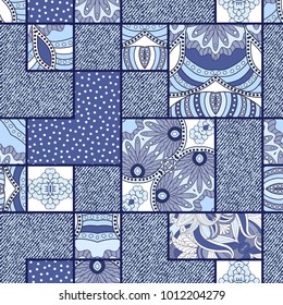 Vector abstract hand drawn seamless patchwork pattern with floral ornaments, stylized flowers, dots, plants and lace. Patchwork sewing