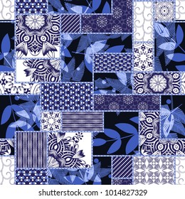 Vector abstract hand drawn seamless patchwork pattern with floral ornaments, stylized flowers, dots, plants and lace. Patchwork sewing
