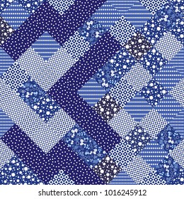 Vector abstract hand drawn seamless patchwork pattern with floral ornaments, stylized flowers, dots, plants and lace. Patchwork sewing