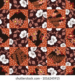 Vector abstract hand drawn seamless patchwork pattern with floral ornaments, stylized flowers, dots, plants and lace. Patchwork sewing