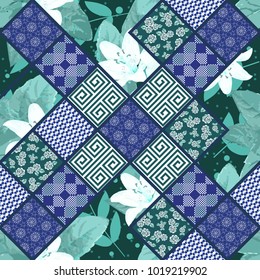 Vector abstract hand drawn seamless patchwork pattern with floral ornaments, stylized flowers, dots, plants and lace. Patchwork sewing