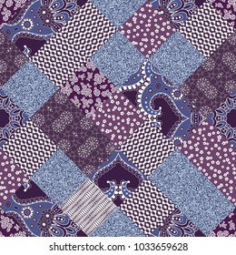Vector abstract hand drawn seamless patchwork pattern with floral ornaments, stylized flowers, dots, plants and lace. Patchwork sewing