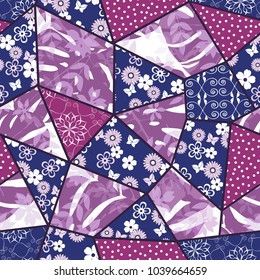 Vector abstract hand drawn seamless patchwork pattern with floral ornaments, stylized flowers, dots, plants and lace. Patchwork sewing