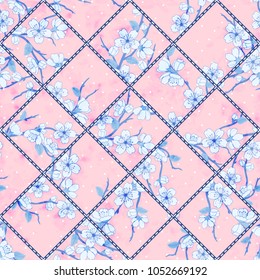 Vector abstract hand drawn seamless patchwork pattern with floral ornaments, stylized flowers, dots, plants and lace. Vintage boho style.