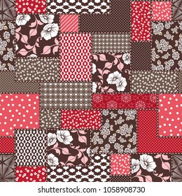 Vector abstract hand drawn seamless patchwork pattern with floral ornaments, stylized flowers, dots, plants and lace. Patchwork sewing