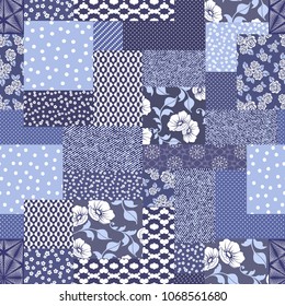 Vector abstract hand drawn seamless patchwork pattern with floral ornaments, stylized flowers, dots, plants and lace. Patchwork sewing