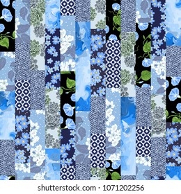 Vector abstract hand drawn seamless patchwork pattern with floral ornaments, stylized flowers, dots, plants and lace. Patchwork sewing