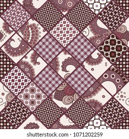 Vector abstract hand drawn seamless patchwork pattern with floral ornaments, stylized flowers, dots, plants and lace. Patchwork sewing