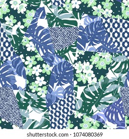 Vector abstract hand drawn seamless patchwork pattern with floral ornaments, stylized flowers, dots, plants and lace. Patchwork sewing