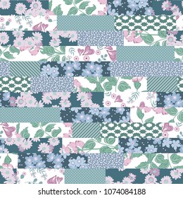Vector abstract hand drawn seamless patchwork pattern with floral ornaments, stylized flowers, dots, plants and lace. Patchwork sewing