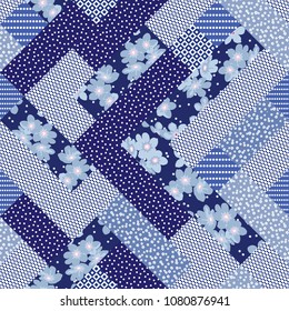 Vector abstract hand drawn seamless patchwork pattern with floral ornaments, stylized flowers, dots, plants and lace. Patchwork sewing