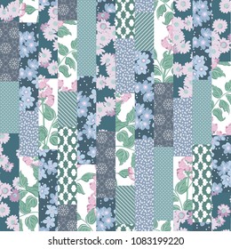 Vector abstract hand drawn seamless patchwork pattern with floral ornaments, stylized flowers, dots, plants and lace. Patchwork sewing