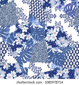 Vector abstract hand drawn seamless patchwork pattern with floral ornaments, stylized flowers, dots, plants and lace. Patchwork sewing