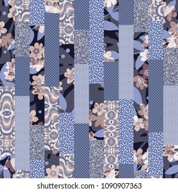 Vector abstract hand drawn seamless patchwork pattern with floral ornaments, stylized flowers, dots, plants and lace. Patchwork sewing