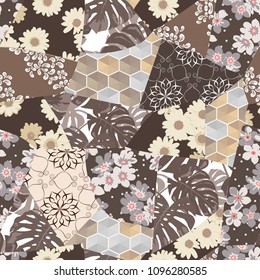 Vector abstract hand drawn seamless patchwork pattern with floral ornaments, stylized flowers, dots, plants and lace. Patchwork sewing