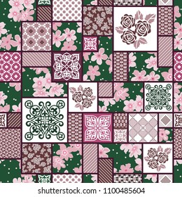 Vector abstract hand drawn seamless patchwork pattern with floral ornaments, stylized flowers, dots, plants and lace. Patchwork sewing