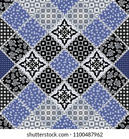 Vector abstract hand drawn seamless patchwork pattern with floral ornaments, stylized flowers, dots, plants and lace. Patchwork sewing