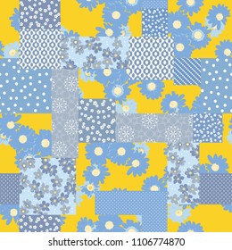 Vector abstract hand drawn seamless patchwork pattern with floral ornaments, stylized flowers, dots, plants and lace. Patchwork sewing