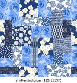 Vector abstract hand drawn seamless patchwork pattern with floral ornaments, stylized flowers, dots, plants and lace. Patchwork sewing