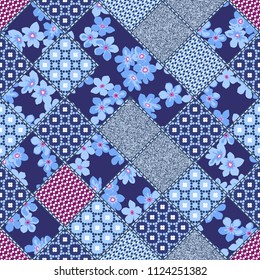 Vector abstract hand drawn seamless patchwork pattern with floral ornaments, stylized flowers, dots, plants and lace. Patchwork sewing