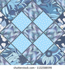 Vector abstract hand drawn seamless patchwork pattern with floral ornaments, stylized flowers, dots, plants and lace. Patchwork sewing