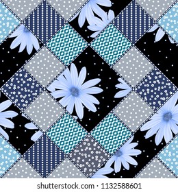 Vector abstract hand drawn seamless patchwork pattern with floral ornaments, stylized flowers, dots, plants and lace. Patchwork sewing