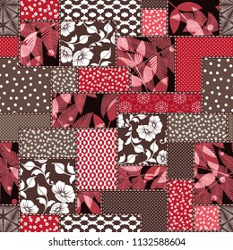 Vector abstract hand drawn seamless patchwork pattern with floral ornaments, stylized flowers, dots, plants and lace. Patchwork sewing