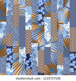 Vector abstract hand drawn seamless patchwork pattern with floral ornaments, stylized flowers, dots, plants and lace. Patchwork sewing