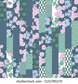 Vector abstract hand drawn seamless patchwork pattern with floral ornaments, stylized flowers, dots, plants and lace. Patchwork sewing