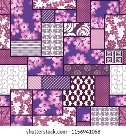 Vector abstract hand drawn seamless patchwork pattern with floral ornaments, stylized flowers, dots, plants and lace. Patchwork sewing