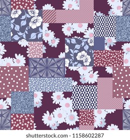Vector abstract hand drawn seamless patchwork pattern with floral ornaments, stylized flowers, dots, plants and lace. Patchwork sewing