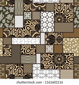 Vector abstract hand drawn seamless patchwork pattern with floral ornaments, stylized flowers, dots, plants and lace. Patchwork sewing