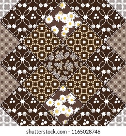 Vector abstract hand drawn seamless patchwork pattern with floral ornaments, stylized flowers, dots, plants and lace. Patchwork sewing