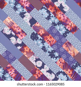 Vector abstract hand drawn seamless patchwork pattern with floral ornaments, stylized flowers, dots, plants and lace. Patchwork sewing