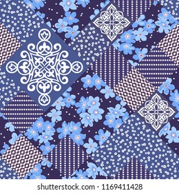 Vector abstract hand drawn seamless patchwork pattern with floral ornaments, stylized flowers, dots, plants and lace. Patchwork sewing