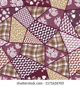 Vector abstract hand drawn seamless patchwork pattern with floral ornaments, stylized flowers, dots, plants and lace. Patchwork sewing